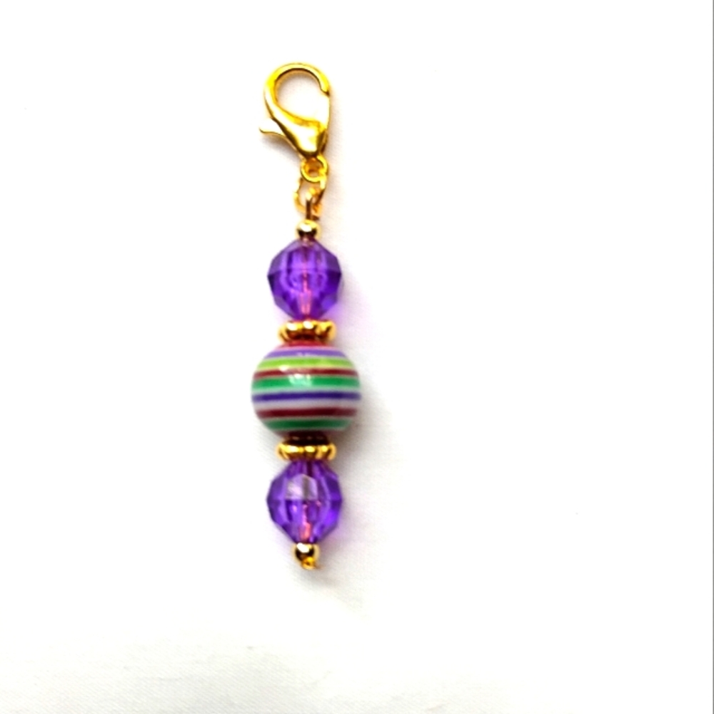 Stripes & Faceted Bead Dangle Charm Handmade Clip-on ID Badge Zipper Bag Journal